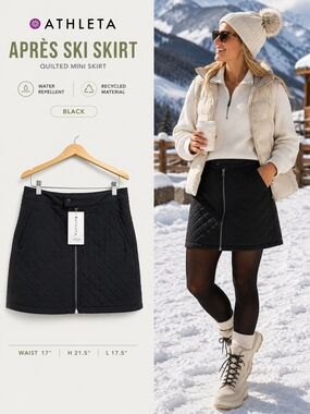 Athleta Après Ski Skirt Front Zip Quilted Black Water Repellent Size 14